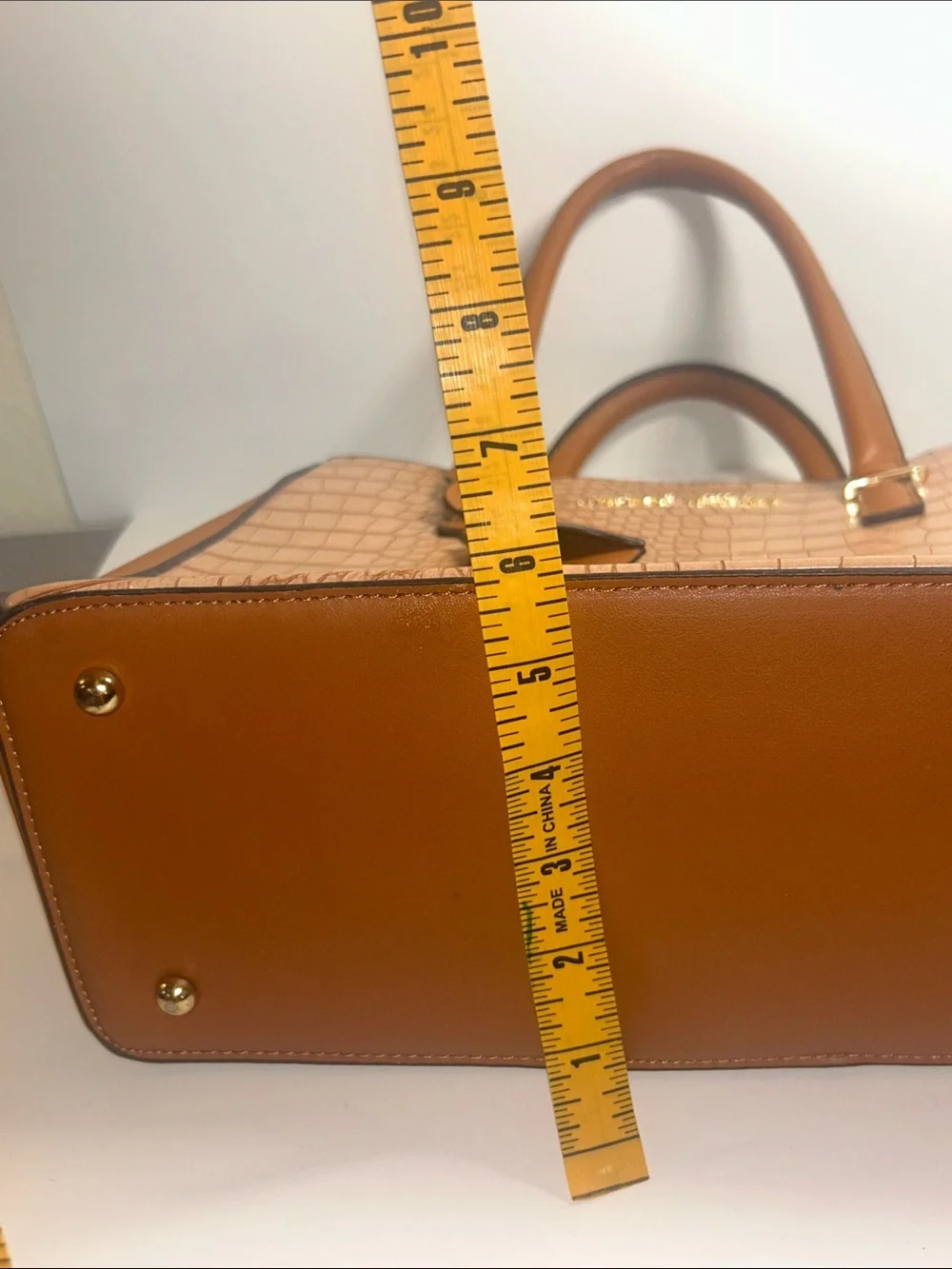 Adrienne Vittadini Tan Croc-Embossed Satchel with Cognac Trim